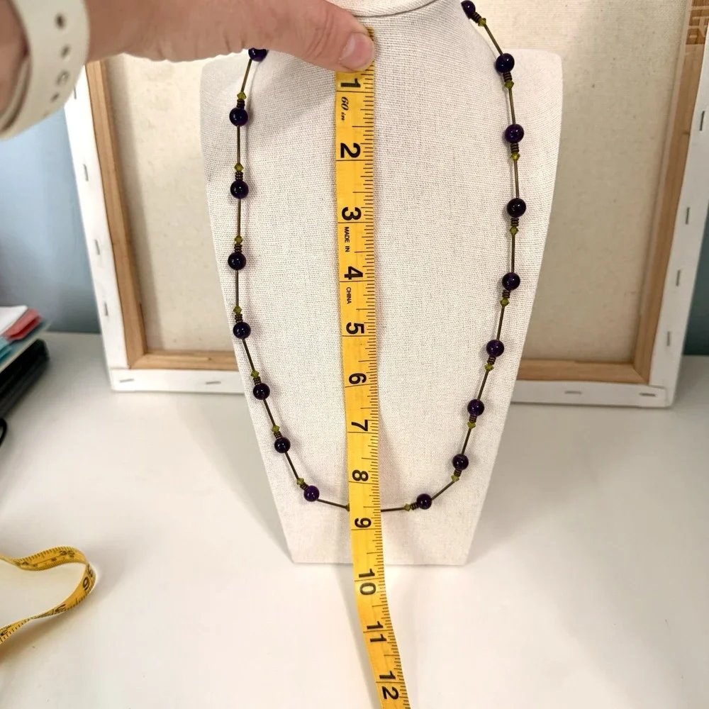 Vtg Amethyst Beaded Necklace Brass Tone Green Crystal Accent Boho Chic Fairy 23